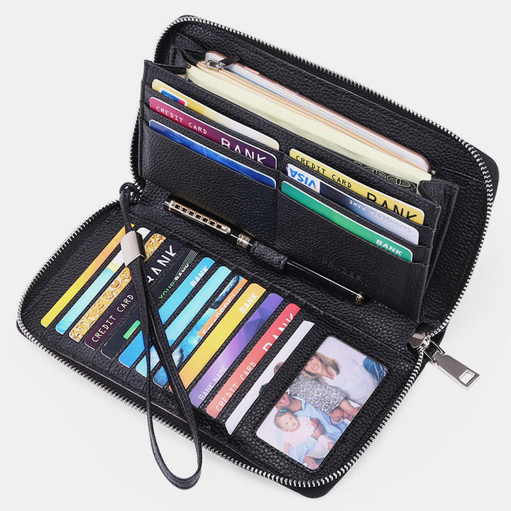 RFID Blocking Genuine Leather Zip Around Wallet Purse with Wrist Strap