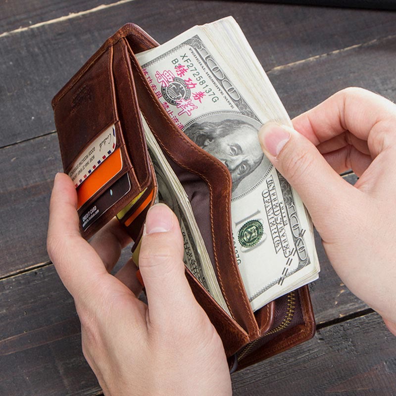 RFID Blocking Genuine Leather Multi-Card Buckle Wallet with Zip Coin Pocket
