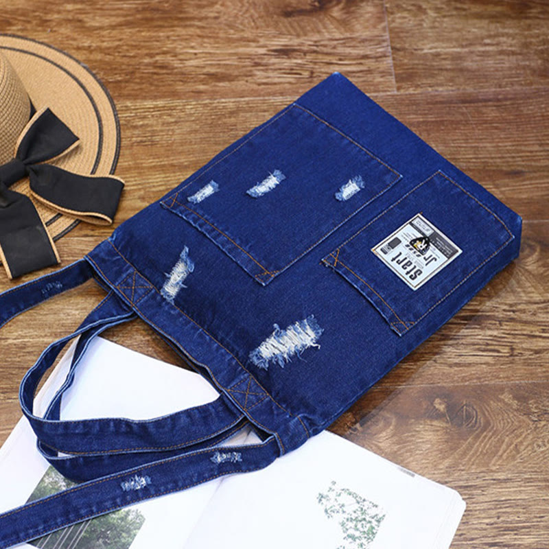 Denim Tote For Outing Retro Canvas Ripped Crossbody Bag - image 10