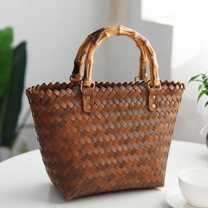 Straw Tote For Women Retro Bamboo Pattern Handle Handbag