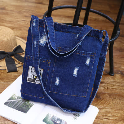 Denim Tote For Outing Retro Canvas Ripped Crossbody Bag - # B - DarkBlue - image 19