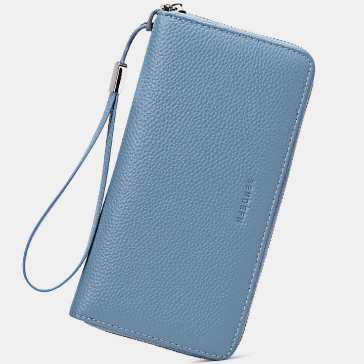 RFID Blocking Genuine Leather Zip Around Wallet Purse with Wrist Strap