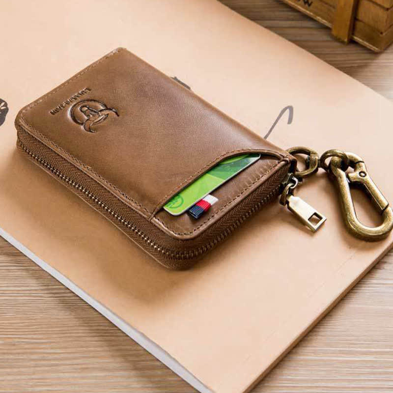 Leather Zip Around Wallet for Men RFID Blocking Card Holder with Keychain