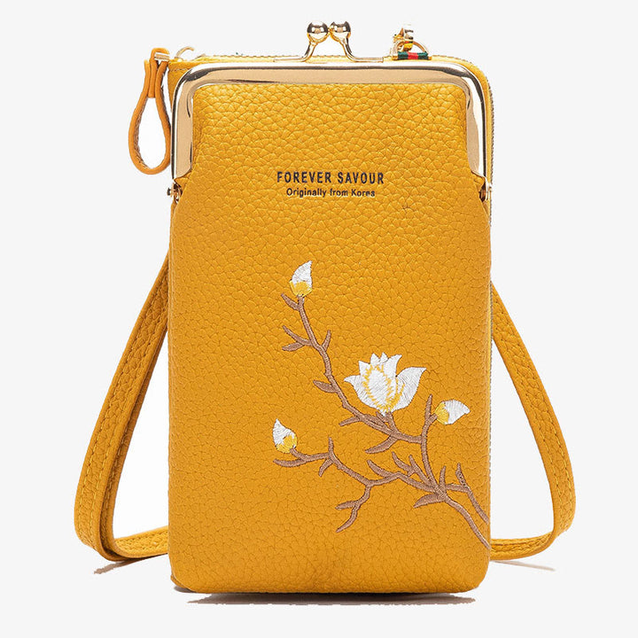 Elegant Embroidered Phone Bag Women Mini Crossbody Leather Purse