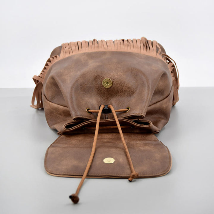 Vintage Tassel Backpack Women Bohemian Drawstring Leather Travel Purse