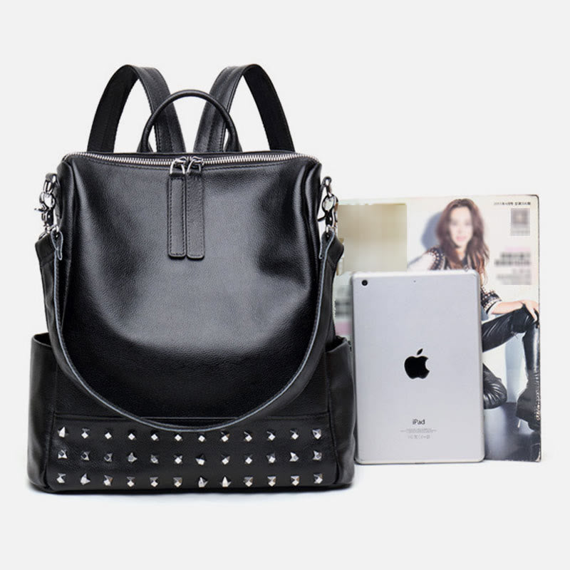 Fashion Rivet Backpack Genuine Leather Double Shoulder Strap Roomy Bag