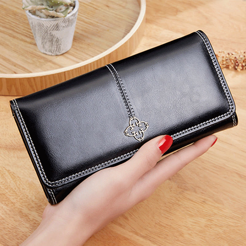 Elegant Retro Long Purse Wax Leather Card Holder For Women
