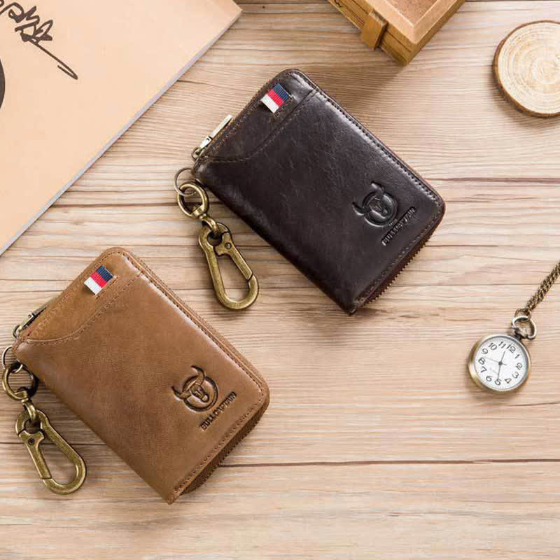 Leather Zip Around Wallet for Men RFID Blocking Card Holder with Keychain