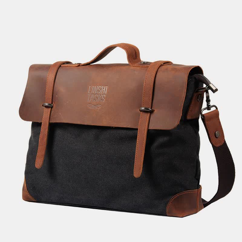 Messenger Bag For Men Canvas Casual Vintage Document Crossbody Handbag - Small - Black - Crazy horse leather - image 0