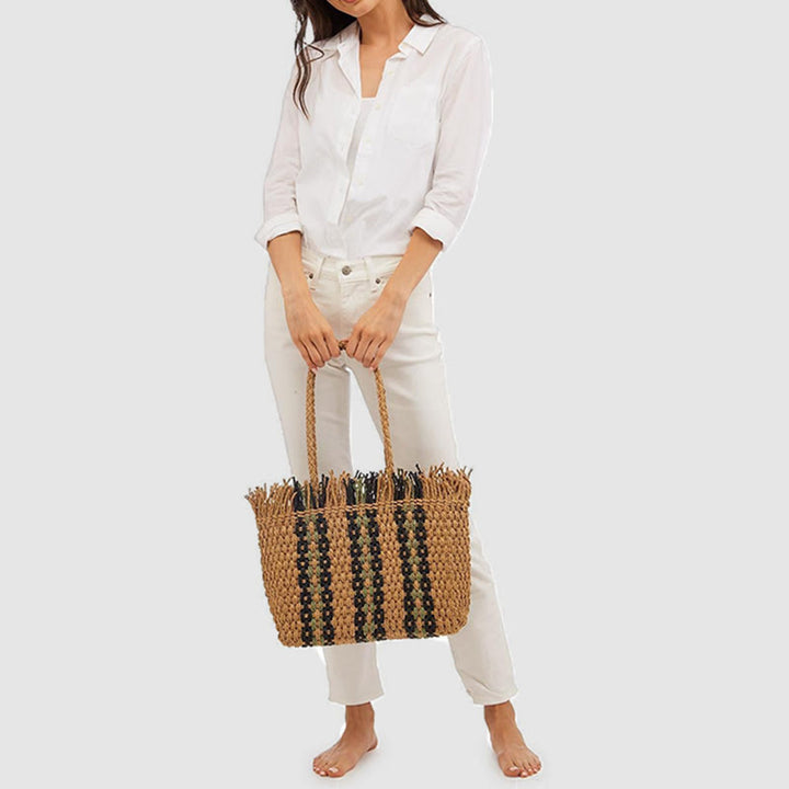 Tote Bag For Women Casual Vertical Stripes Straw Beach Bag