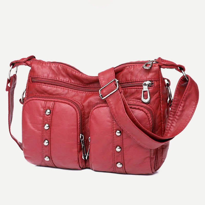 Mulit-Pocket Crossbody Purse for Women Retro Rivets Leather Shoulder Handbag