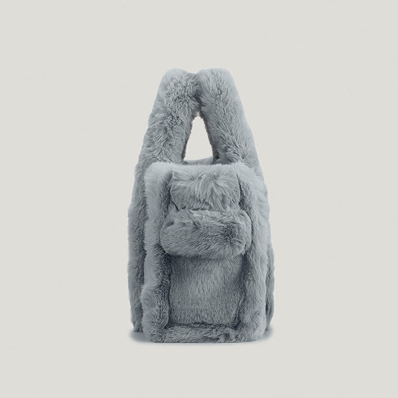 Solid Plush Handbag For Winter Soft Wide Strap Crossbody Bag