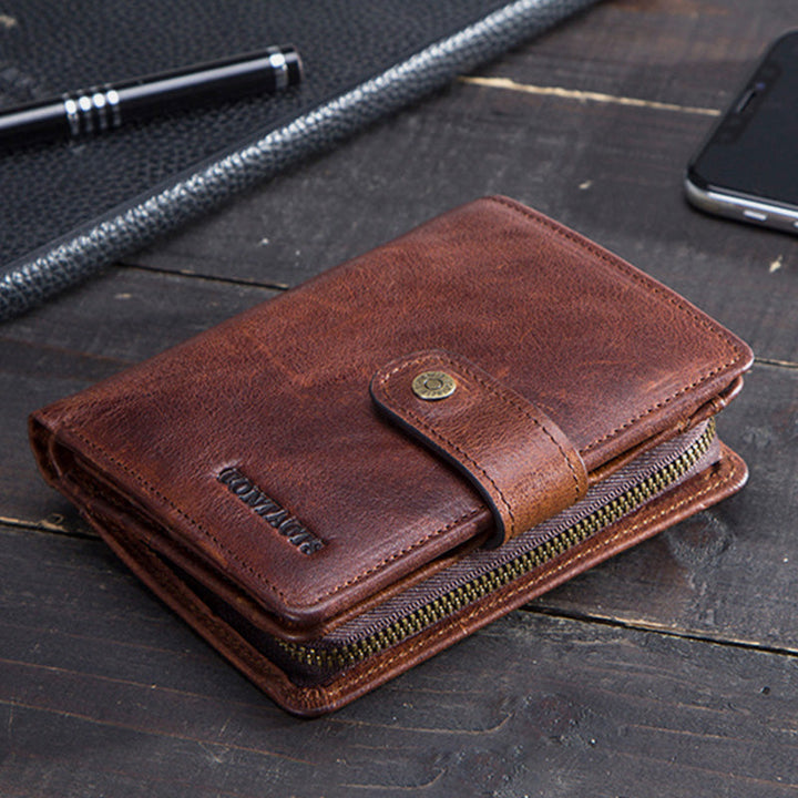 RFID Blocking Genuine Leather Multi-Card Buckle Wallet with Zip Coin Pocket