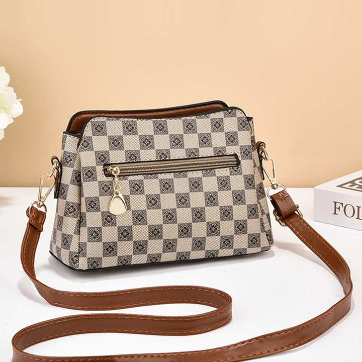 Triple Compartment Plaid Satchel Women Leather Chic Crossbody Bag