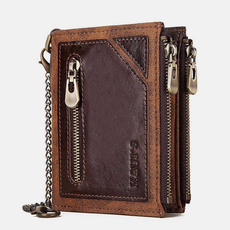 Vintage RFID Genuine Leather Bifold Coin Wallet With Chain