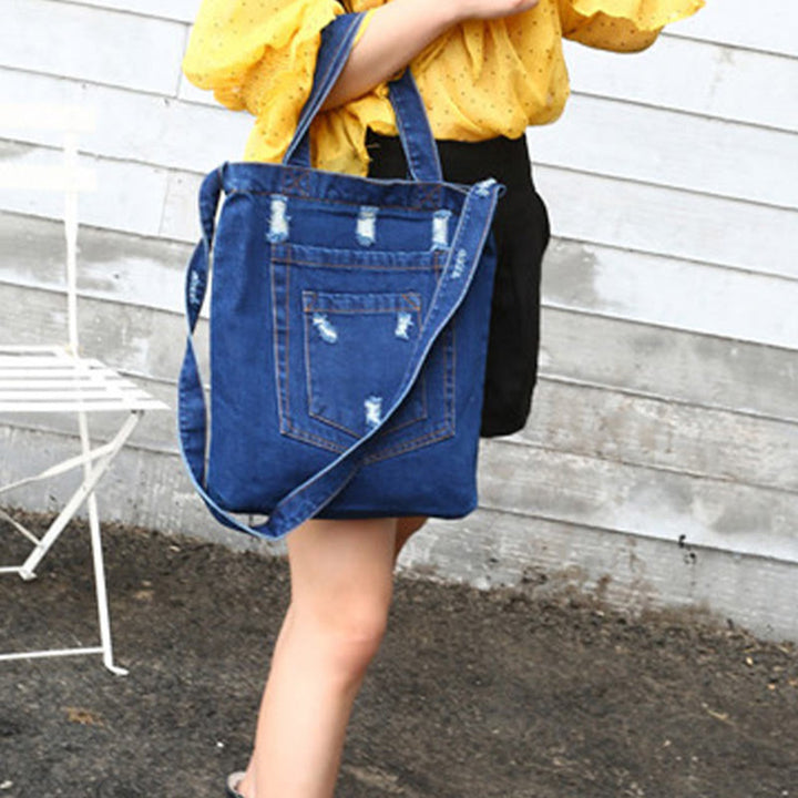 Denim Tote For Outing Retro Canvas Ripped Crossbody Bag - image 6