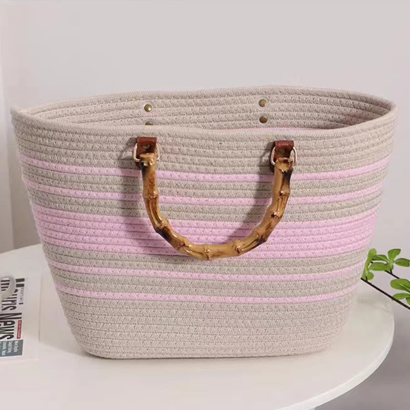 Spring Straw Woven Large Tote Bag for Women with Bamboo Handle