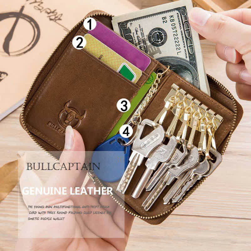 Leather Zip Around Wallet for Men RFID Blocking Card Holder with Keychain