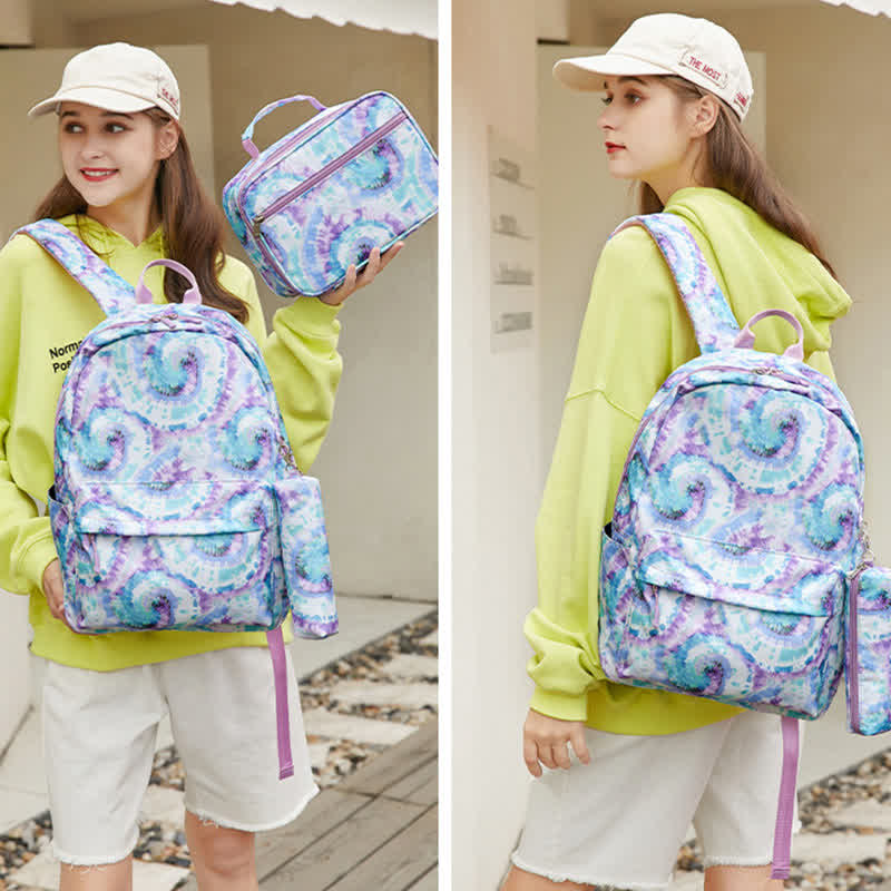 School Backpack Set 3 Pieces Tie-dye Girls Bookbags Lunch Bag Pencil Case