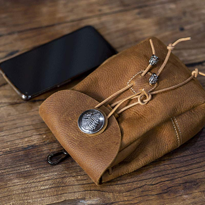 Genuine Leather Drawstring Pouch Purse Waist Bag Portable Wallet Belt Pouch