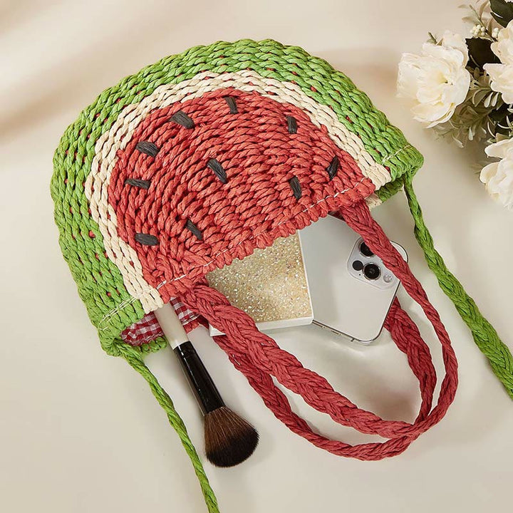 Beach Bag For Women Watermelon Pattern Portable Straw Crossbody Bag