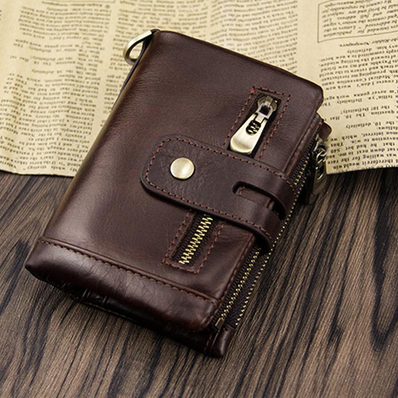 RFID Leather Trifold Wallet With Anti-Theft Chain