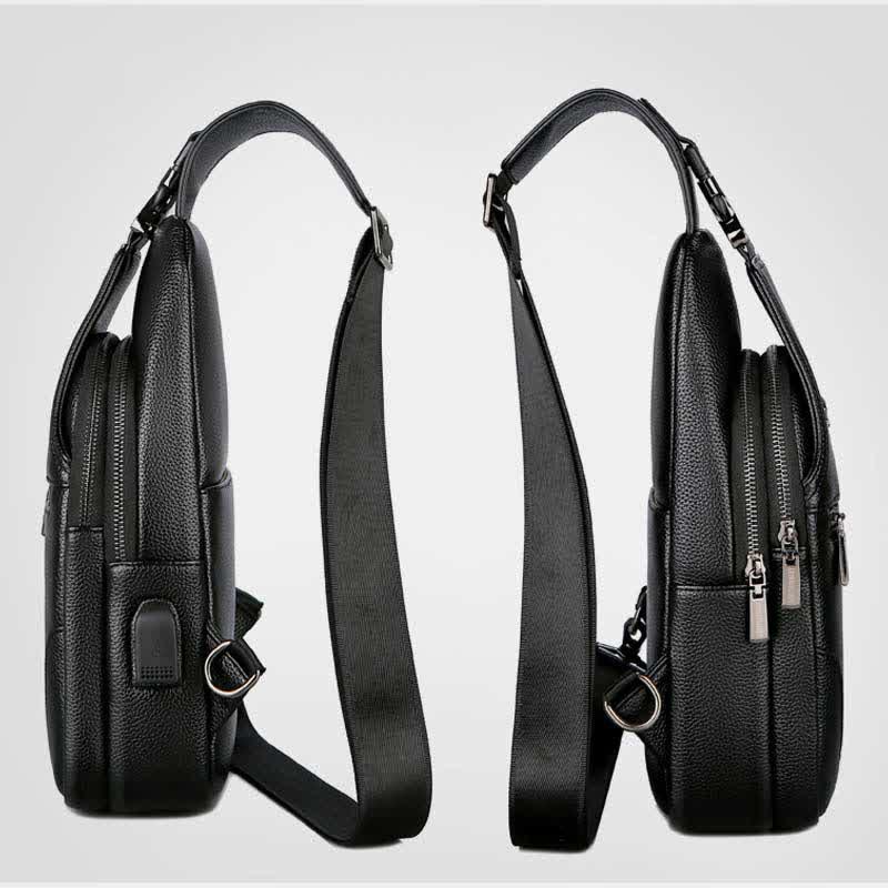 Multiple Pockets Leather Sling Chest Bag for Men with USB Charging Port