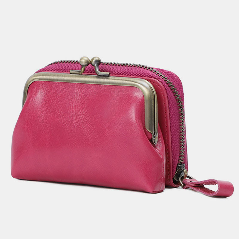 Retro Card Case Coin Purse Wallet Mini Handbag Zipper for Women - DeepPink - image 0