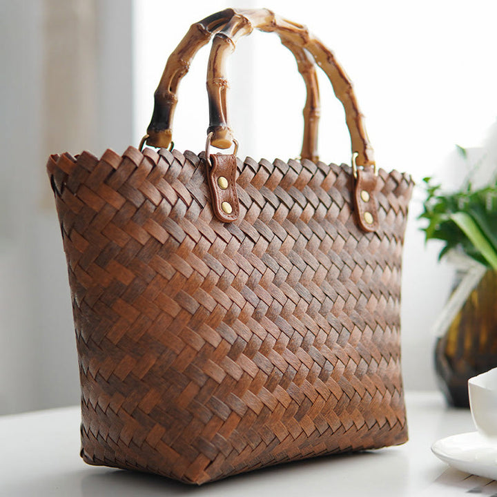 Straw Tote For Women Retro Bamboo Pattern Handle Handbag