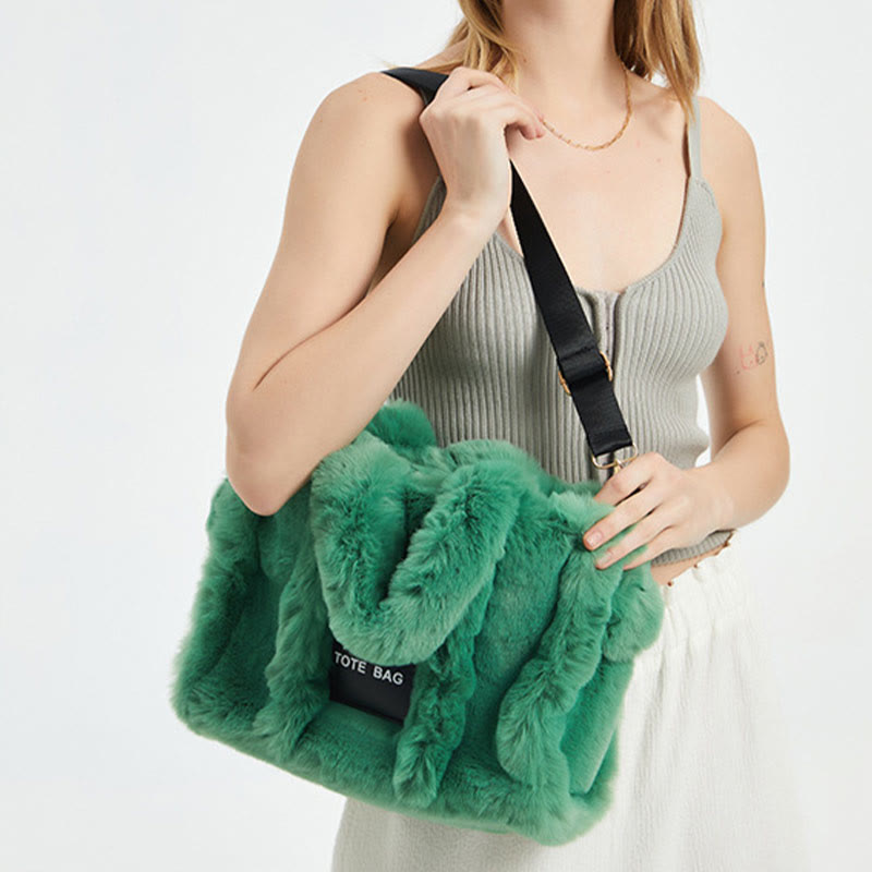 Solid Plush Handbag For Winter Soft Wide Strap Crossbody Bag