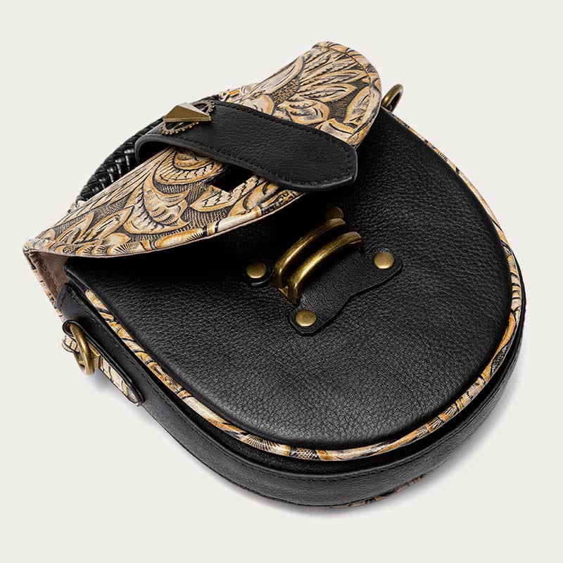 Clamshell Crossbody Bag Vintage Pattern Printing Chic Leather Handbag