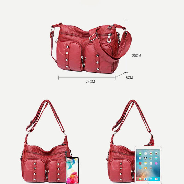 Mulit-Pocket Crossbody Purse for Women Retro Rivets Leather Shoulder Handbag