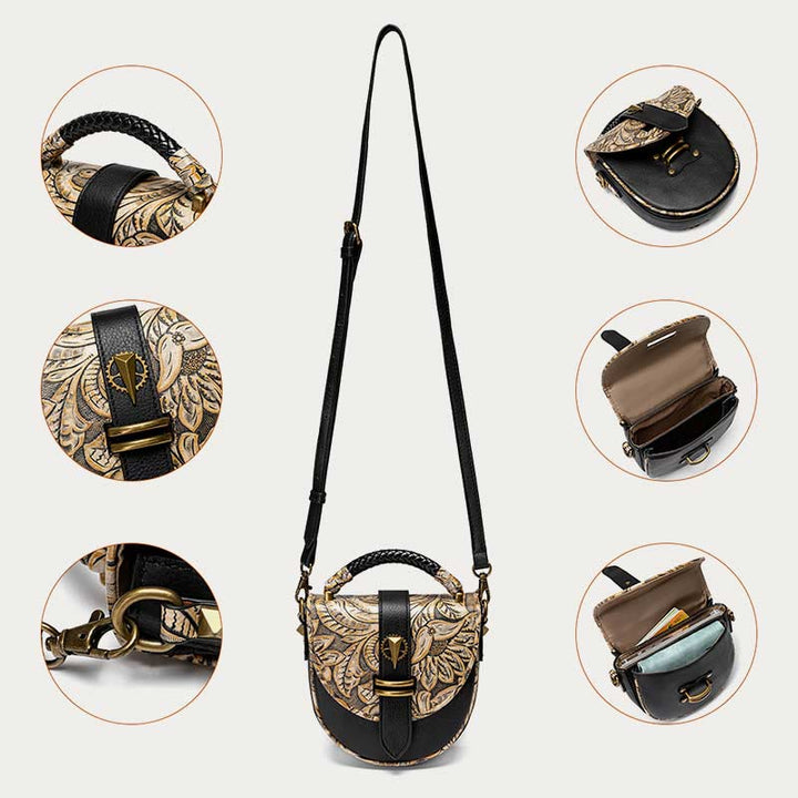 Clamshell Crossbody Bag Vintage Pattern Printing Chic Leather Handbag