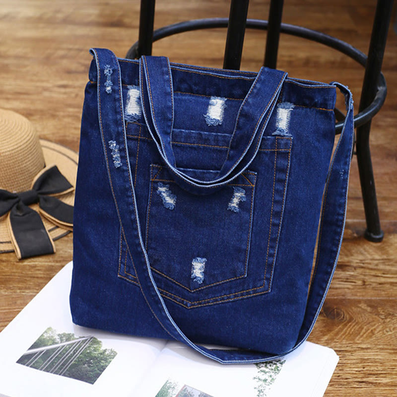 Denim Tote For Outing Retro Canvas Ripped Crossbody Bag - # D - DarkBlue - image 23