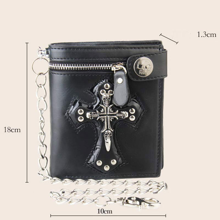Mens Gothic Skull Cross Leather Punk Wallet with Long Metal Chain