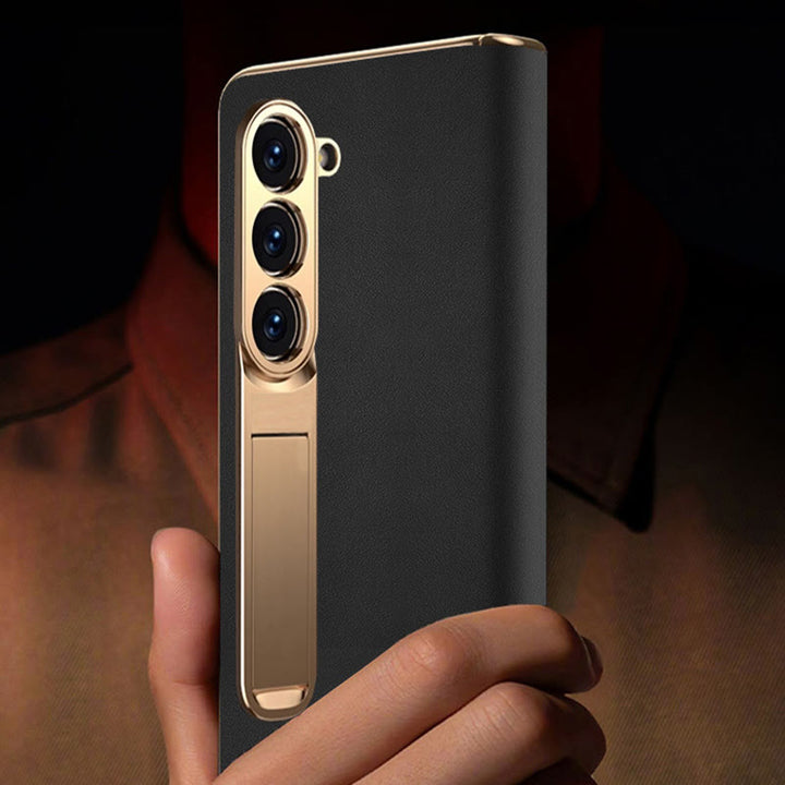 Z Fold 5 Phone Case Leechi Grain Genuine Leather With Screen Film Case