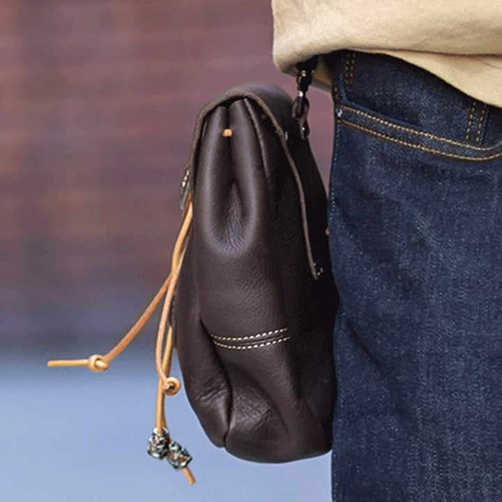 Genuine Leather Drawstring Pouch Purse Waist Bag Portable Wallet Belt Pouch