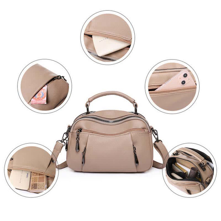 Multi-Pocket Leather Crossbody Purse for Women Small Top Handle Satchel Handbag