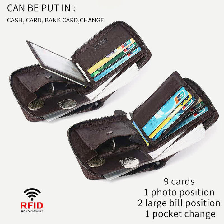 Genuine Leather Zip Around RFID Blocking Bifold Wallet with Chain - image 1