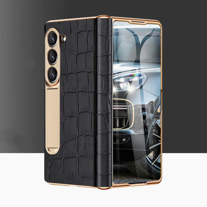 Z Fold 5 Phone Case Leechi Grain Genuine Leather With Screen Film Case
