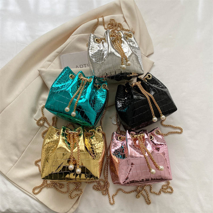 Evening Bag For Party Crocodile Pattern Sparkly Leather Bucket Bag