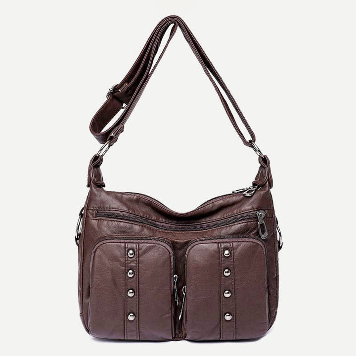 Mulit-Pocket Crossbody Purse for Women Retro Rivets Leather Shoulder Handbag