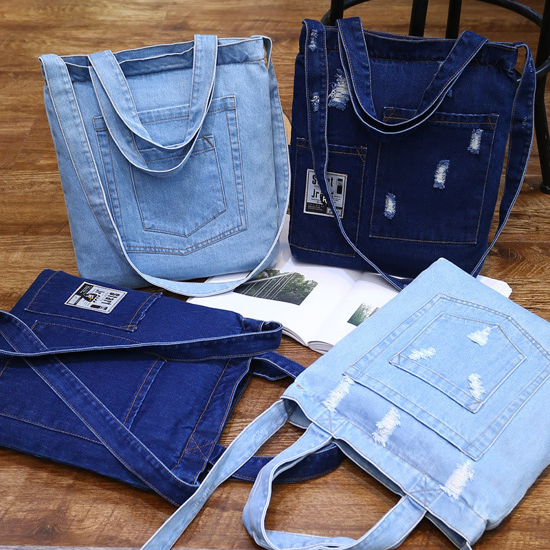 Denim Tote For Outing Retro Canvas Ripped Crossbody Bag - image 8