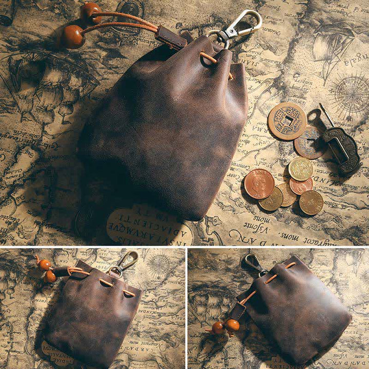 Vintage Coin Purse Genuine Leather Pouch Wallet Drawstring Storage Bag