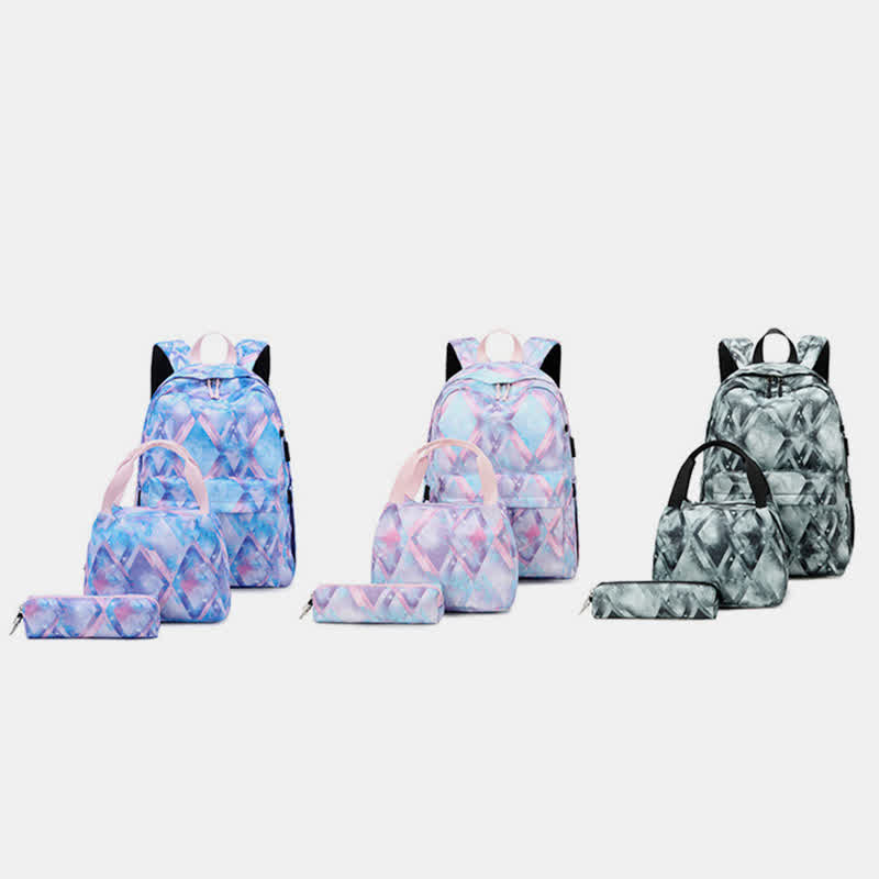 School Backpack Daypack Cute 3-Pcs Schoolbag Set with USB Charging Port