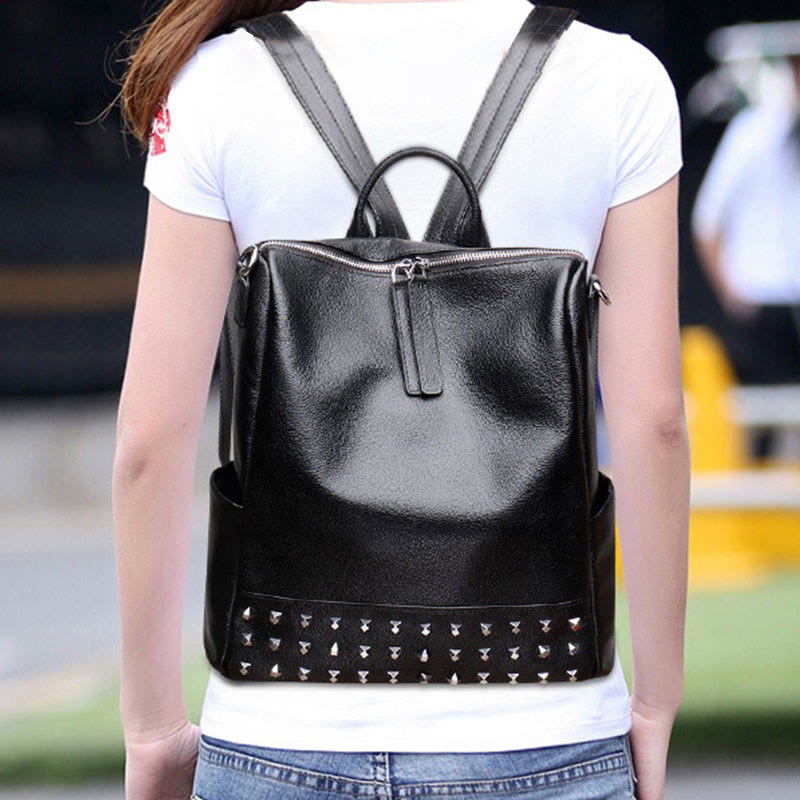 Fashion Rivet Backpack Genuine Leather Double Shoulder Strap Roomy Bag
