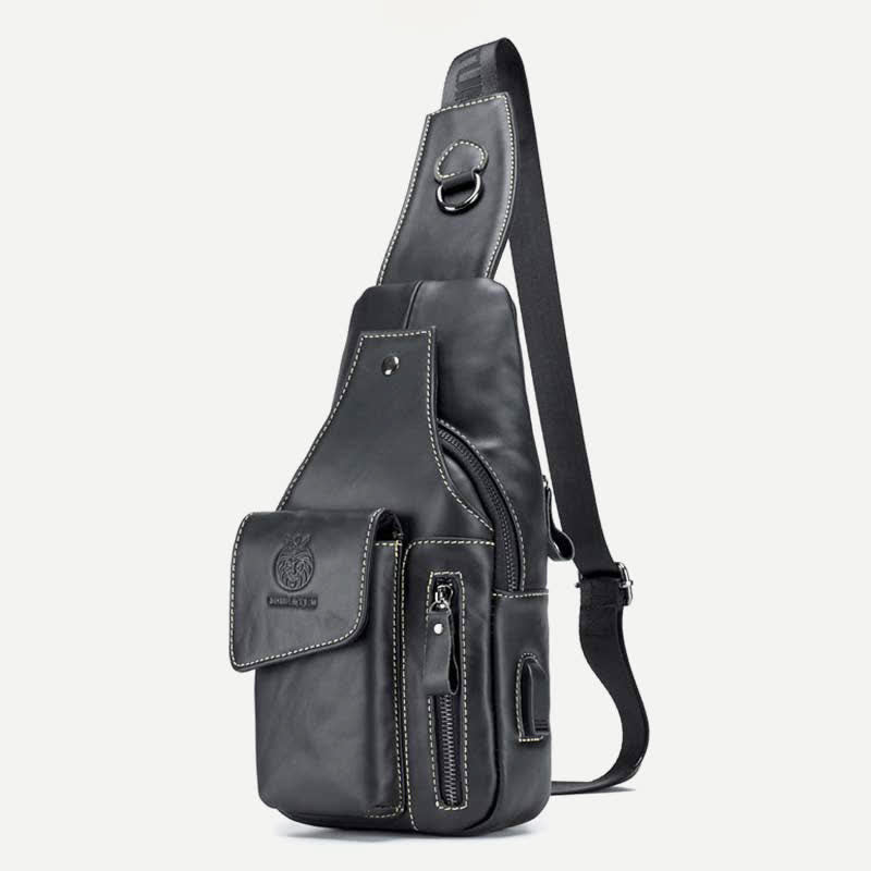 Genuine Leather Multi-Pocket Chest Bag Sling Backpack with USB Charging Port