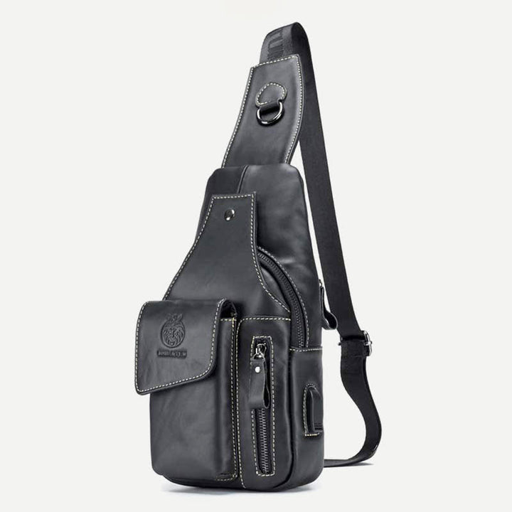 Genuine Leather Multi-Pocket Chest Bag Sling Backpack with USB Charging Port