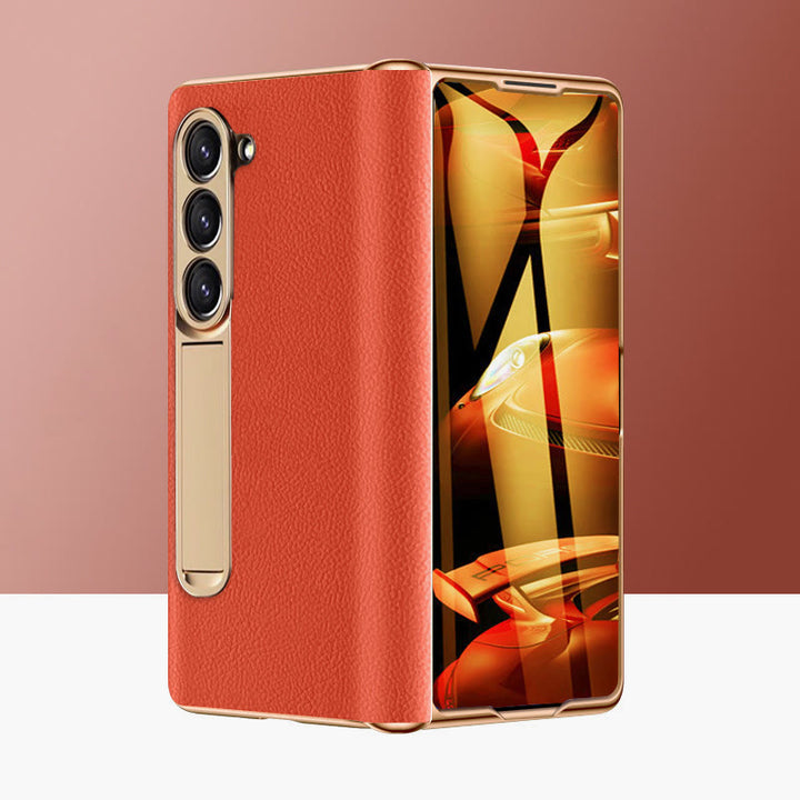 Z Fold 5 Phone Case Leechi Grain Genuine Leather With Screen Film Case