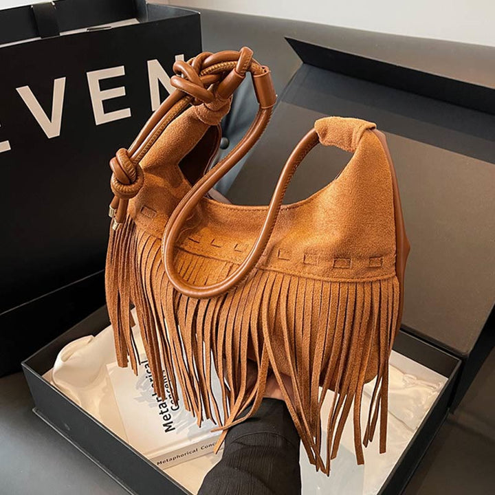 Tassel Underarm Bag For Women Retro Solid Color Shoulder Bag